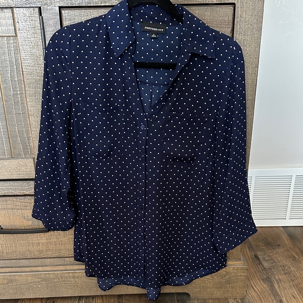 Navy Polka Dot Blouse by Fortune & Ivy